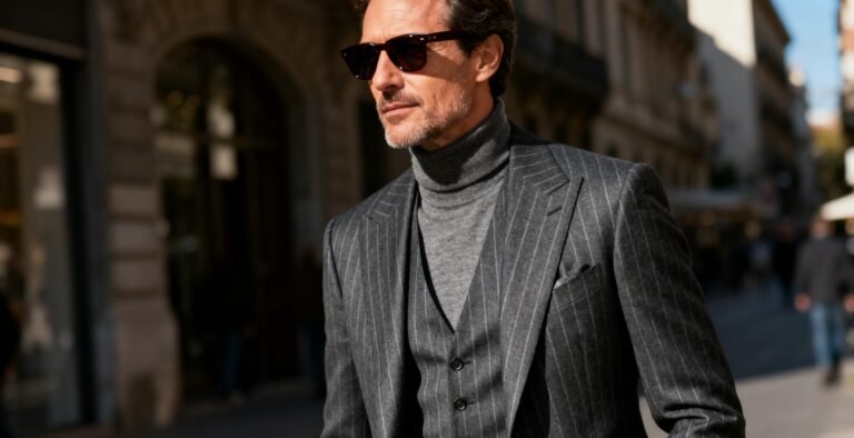 Sophisticated man in charcoal pinstripe three-piece suit, turtleneck sweater, dark sunglasses, moody lighting, elegant street shot.